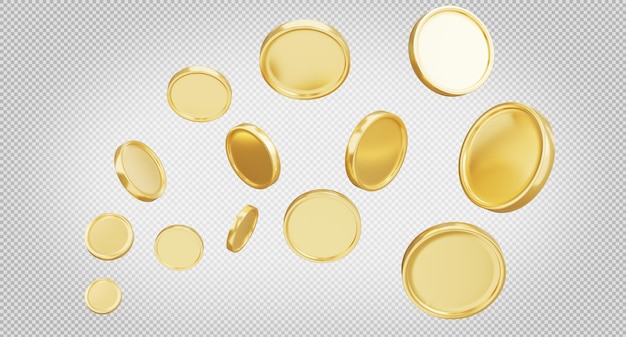 PSD 3d визуализация золотых монет, плавающих на прозрачном фоне