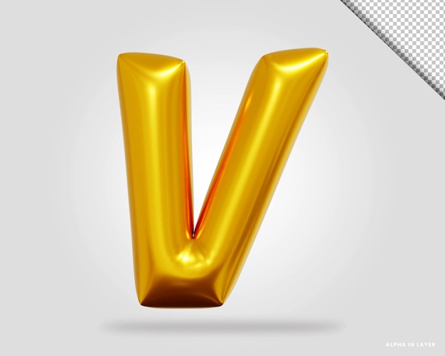 PSD 3d визуализация золотой буквы алфавита v в стиле воздушного шара