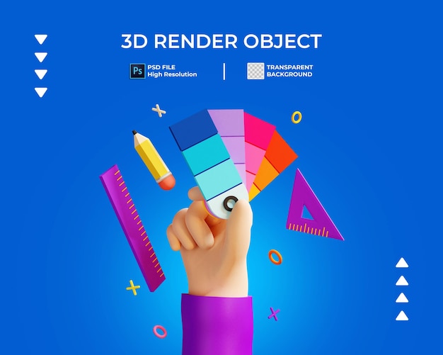 PSD 分離された色と文房具を持っている手の3dレンダリング