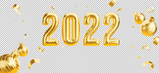クリスマスボール、黄金の紙吹雪と新年あけましておめでとうございます2022年の金の風船の装飾の3dレンダリング