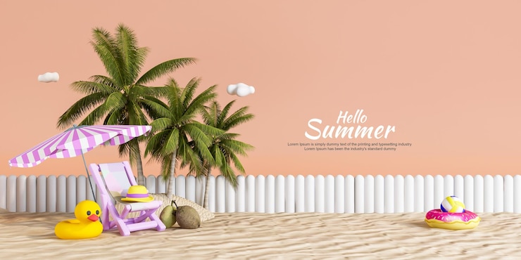 PSD 3d render of it summer time with decoration sand beach concept