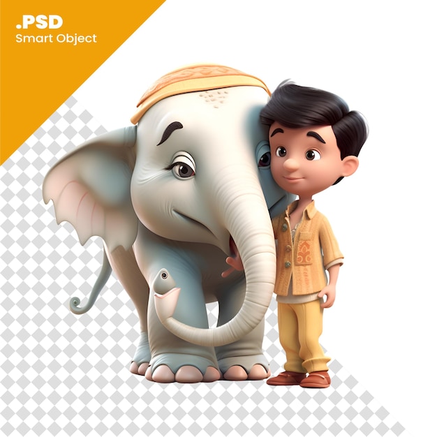 PSD 작은 아시아 소년과 코끼리의 3d 렌더링과 고립된  ⁇ 색 배경 psd 템플릿