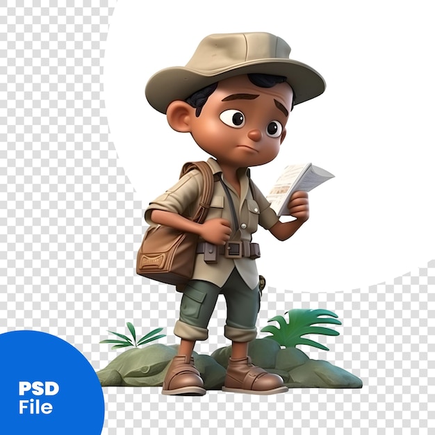 3d-рендер маленького мальчика с шапкой для сафари и рюкзаком с шаблоном psd карты