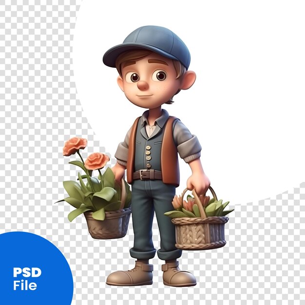 PSD 白い背景の psd テンプレートに植木鉢を持つ小さな庭師の 3 d レンダリング