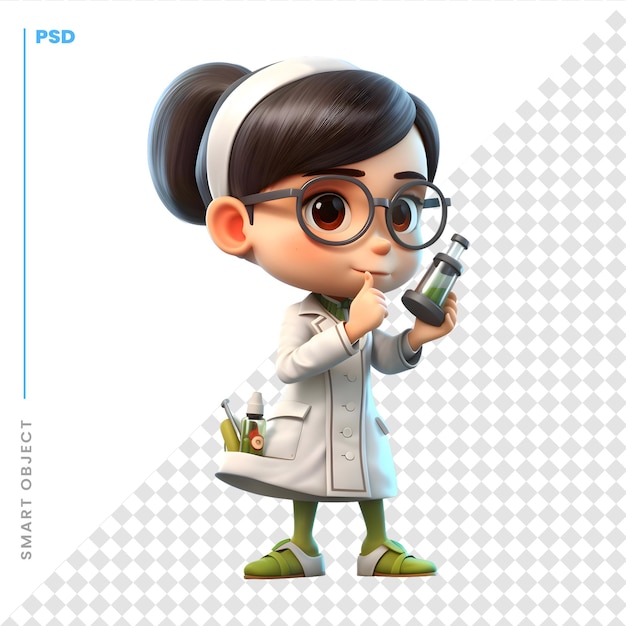 PSD 주사기와 실험복을 입은 어린 소녀의 3d 렌더링
