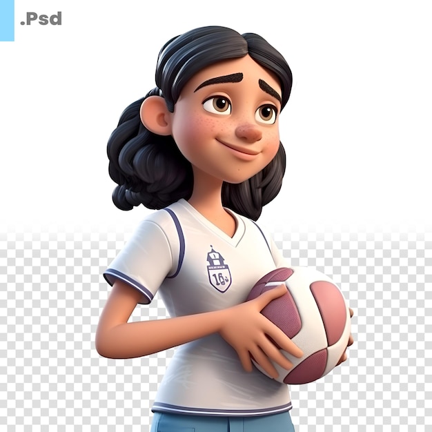 3d-рендер маленькой девочки с американским футболом на белом фоне psd-шаблон