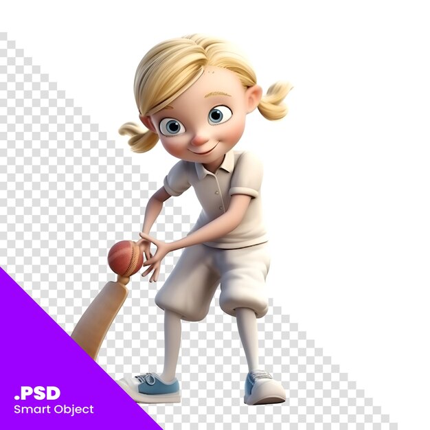 PSD 3d-рендер маленькой девочки с шаблоном psd batsman's bowler