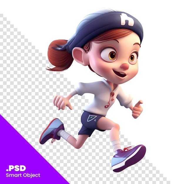 PSD スポーツウェアとランニングポーズの小さな女の子の3dレンダリングpsdテンプレート