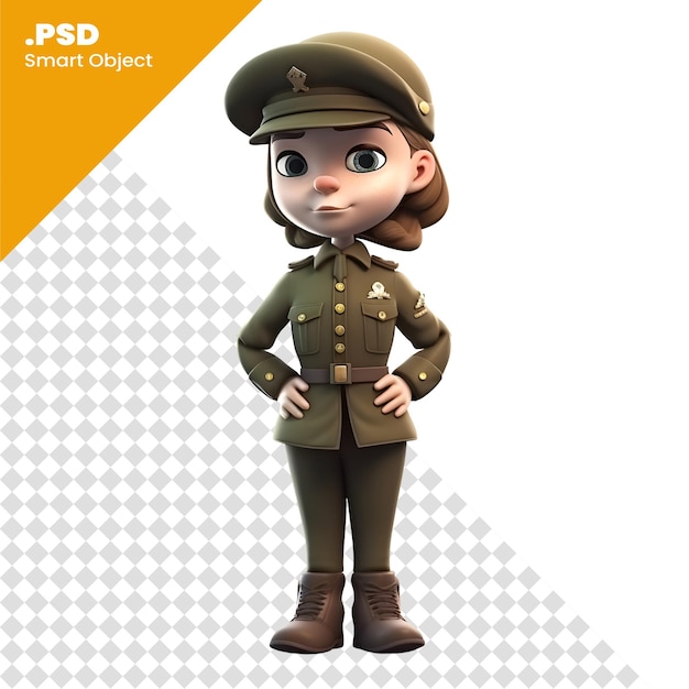 PSD 색 배경에 ww2 군복을 입은 작은 소녀의 3d 렌더링 psd 템플릿