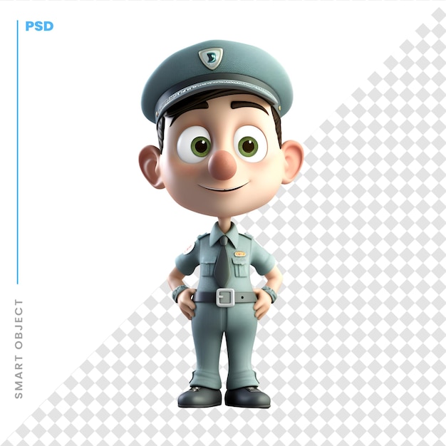 PSD 腕を腰に当てポーズを持つ小さな警官の 3 d レンダリング