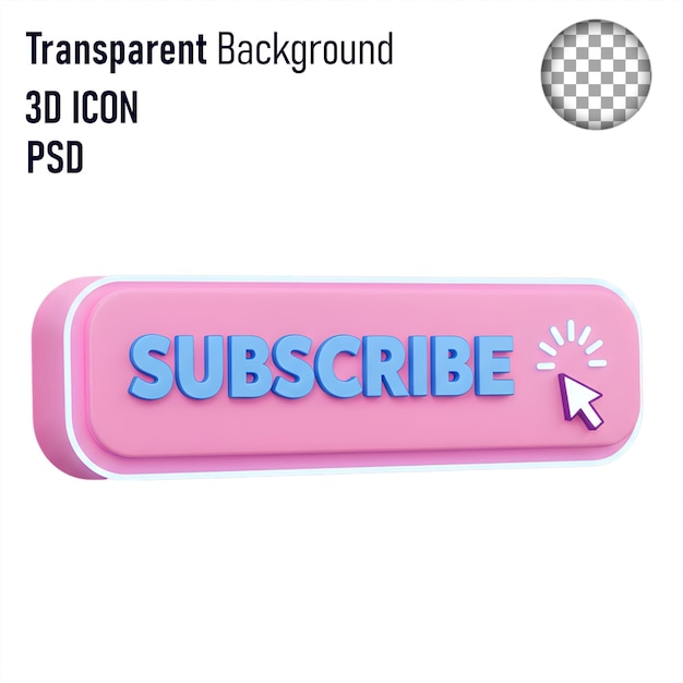 3d render of pink subscribe button with cursor on transparent background