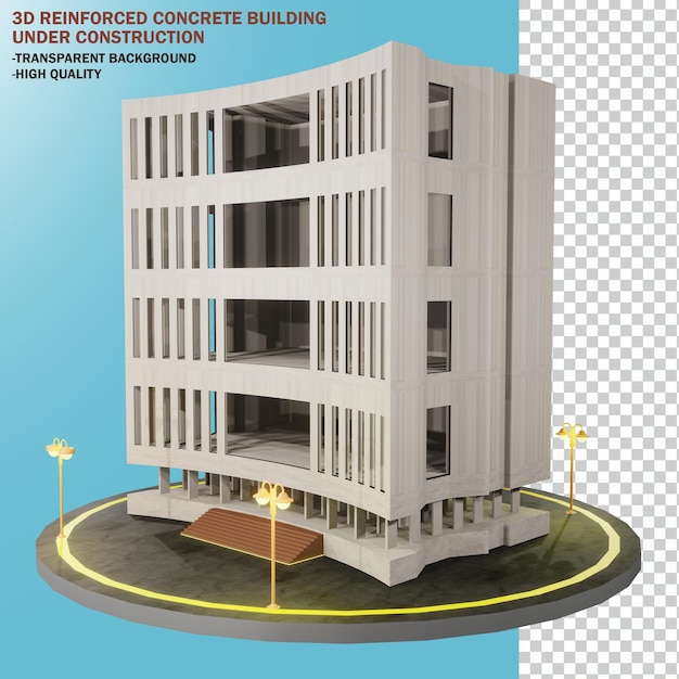 3D Render of Reinforced Concrete Building Under Construction Isolated on transparent background