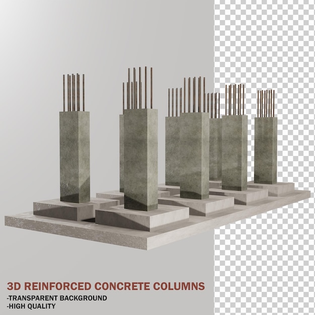 3d render of reinforced concrete columns on foundations