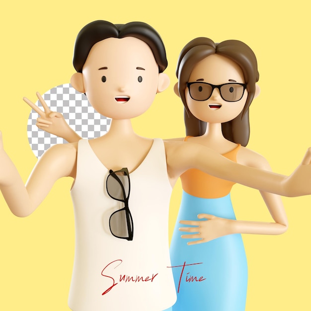 PSD セルフィーカップルの男性と女性のキャラクターの3dレンダリングは眼鏡をかけます