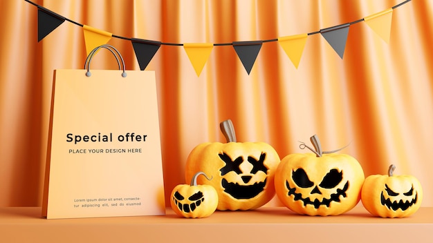 3d render of Shopping bag with halloween shopping concept for product display