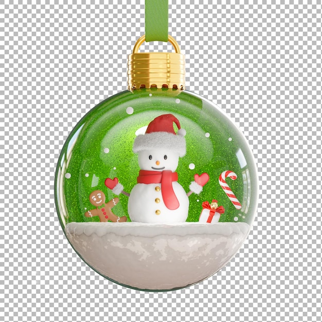 PSD 3d визуализация снежного человека в елочном шаре с рождественской концепцией, прозрачный фон, обтравочный контур