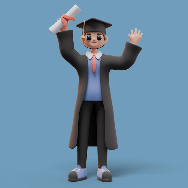 3d render of student boy holding a diploma certificate and waving hand Graduation concept