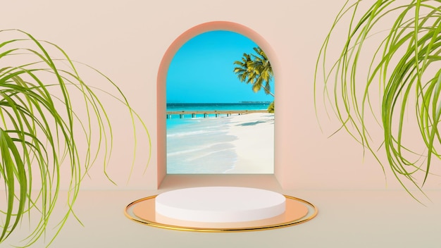 3d render of summer podium with green tropical leaf