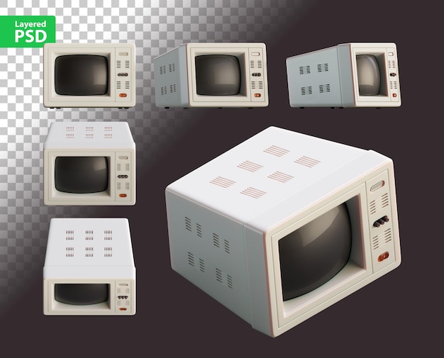 3d render of vintage computer monitor Set of several flat and isometric views