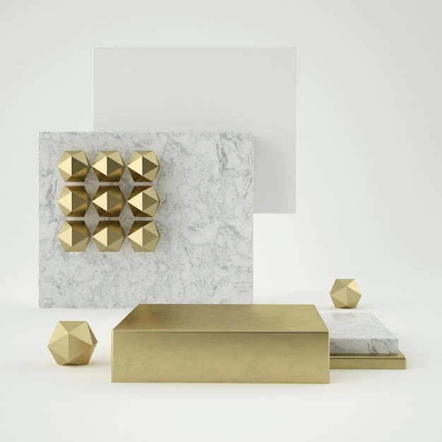 3d представляют белых мраморных изолированных шагов постамента, золотого кольца, круглой рамки, абстрактной минимальной концепции, пустого пространства, простого чистого дизайна, роскошного минимализма