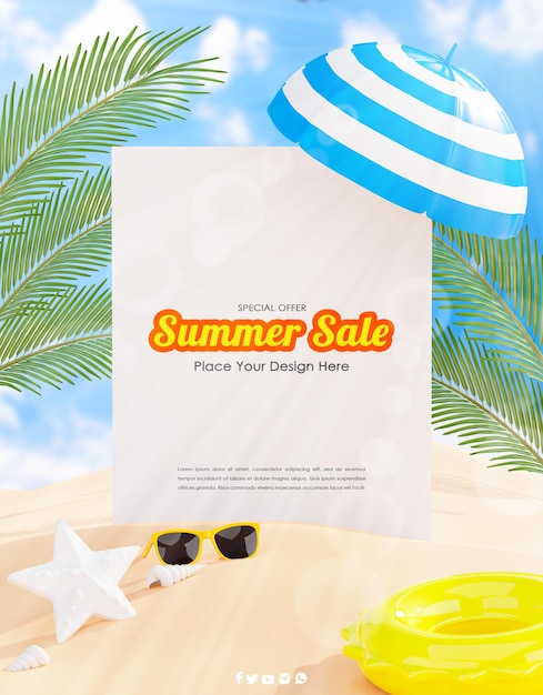 3d визуализация белого плаката с концепцией летнего пляжа для демонстрации продукта.