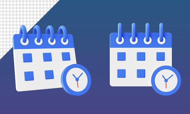 PSD modello di icone del calendario e dell'ora dell'orologio per ufficio di rendering 3d per i progetti di app mobili web ui ux