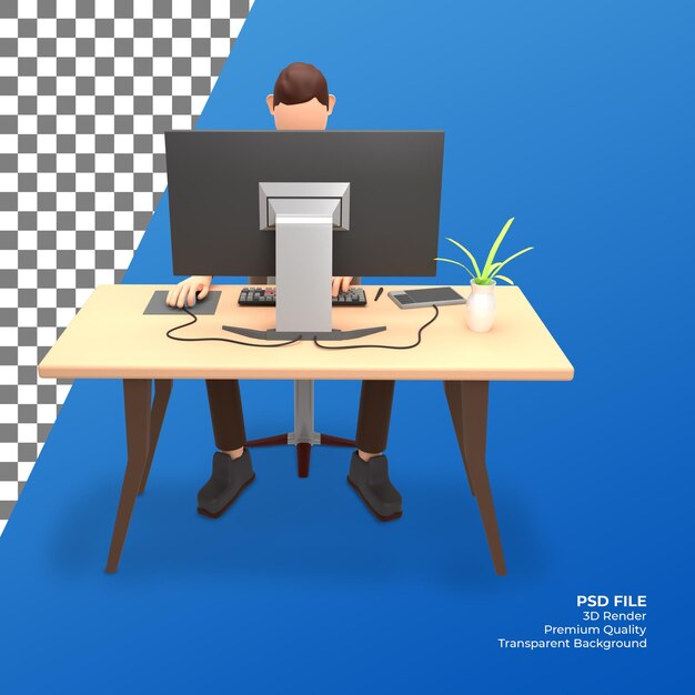 PSD 3d render office business man on workspace table illustration