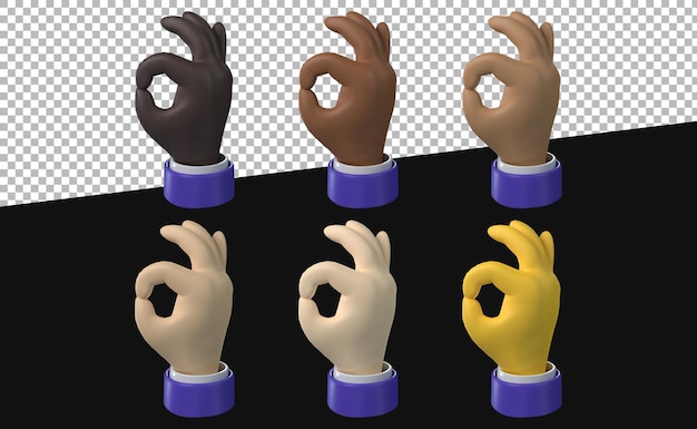 3d render ok or okay hand icons with various skin tones in cartoon business style