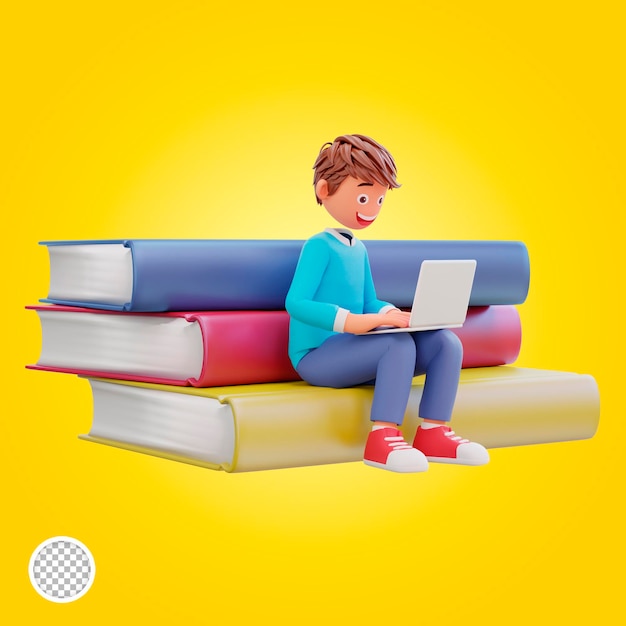 ノートパソコンのノートブックと本の山に座っている学生との3Dレンダリングオンラインコース