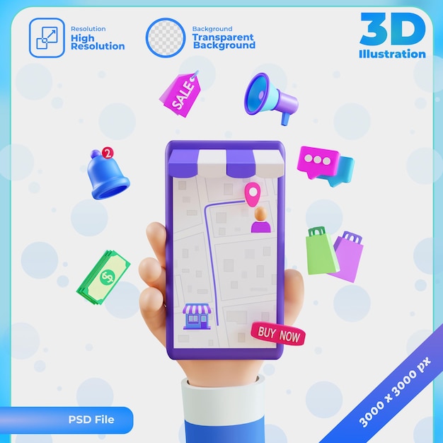 3d render acquisti online su applicazione mobile