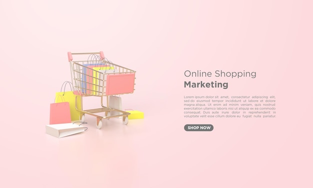 3d render online shopping with shopping cart