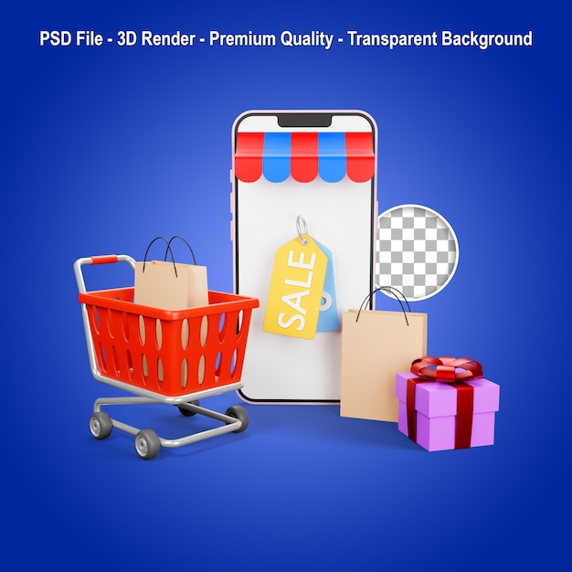 3D render online winkel op mobiele telefoon met kortingslabel en geschenkdoos