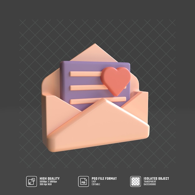 PSD 3d render open envelop met liefdesbrief met zachte pastelkleur, 3d valentijn concept illustratie