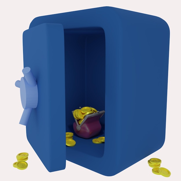 PSD 3d render,open strongbox with gold coin stack in realistic cartoon style