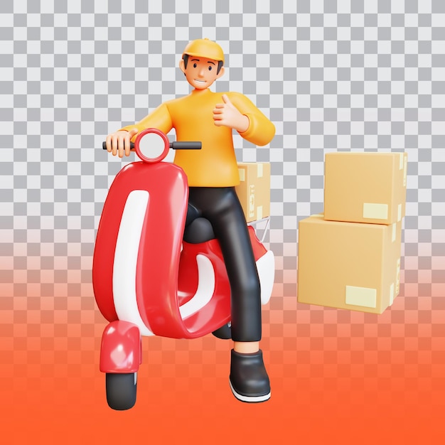 PSD 3d render orange courier ride motorbikes to deliver packages