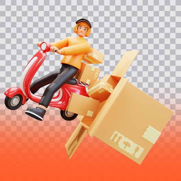 PSD 3d render orange courier ride motorbikes to deliver packages