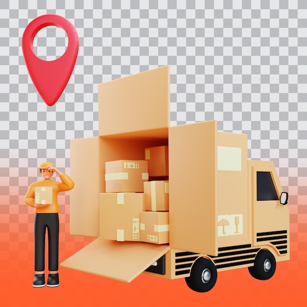 3d render orange courier standing with truck package delivery vehicle