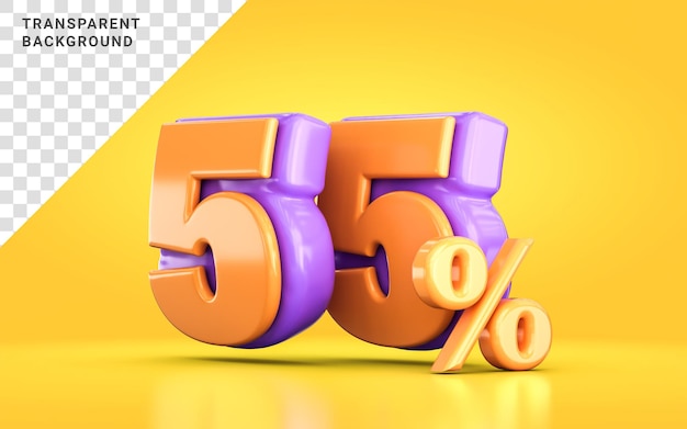 3d render orange and purple 55 percent number of promotional sale discount on yellow background