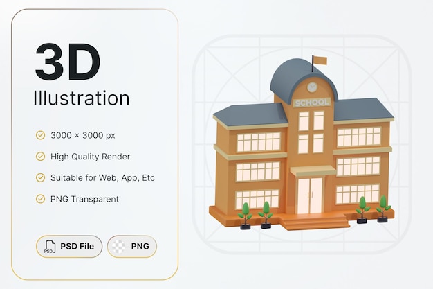 PSD 3d 렌더링 오렌지 학교 건물 왼쪽 각도 개념 현대적인 디자인