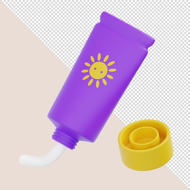 3D render paarse zonnebrandcrème container met een zon