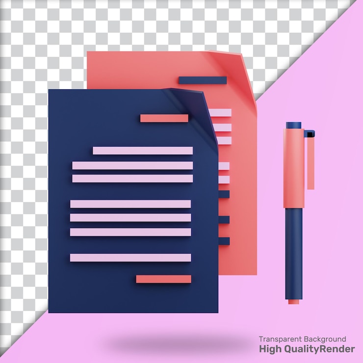 PSD 3d render paper and pen that says transparent background