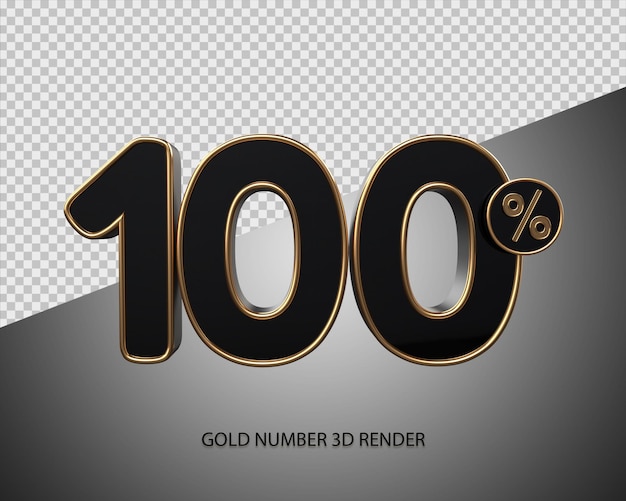 3D 렌더링 백분율 번호 100 검정 색상 및 금 베벨 판매 할인, 검은 금요일, 진행률