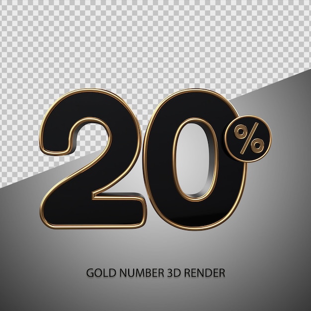 3d 렌더링 백분율 번호 20 검정 색상 및 금 베벨 판매 할인, 검은 금요일, 진행