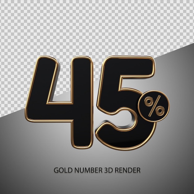 Percentuale di rendering 3d numero 45 colore nero e smusso oro per sconto vendita, venerdì nero, avanzamento