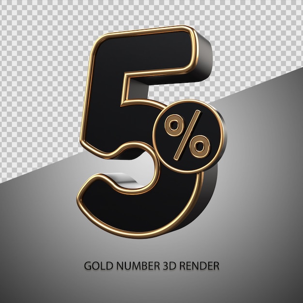 Percentuale di rendering 3d numero 5 colore nero e smusso oro per sconto vendita, venerdì nero, avanzamento