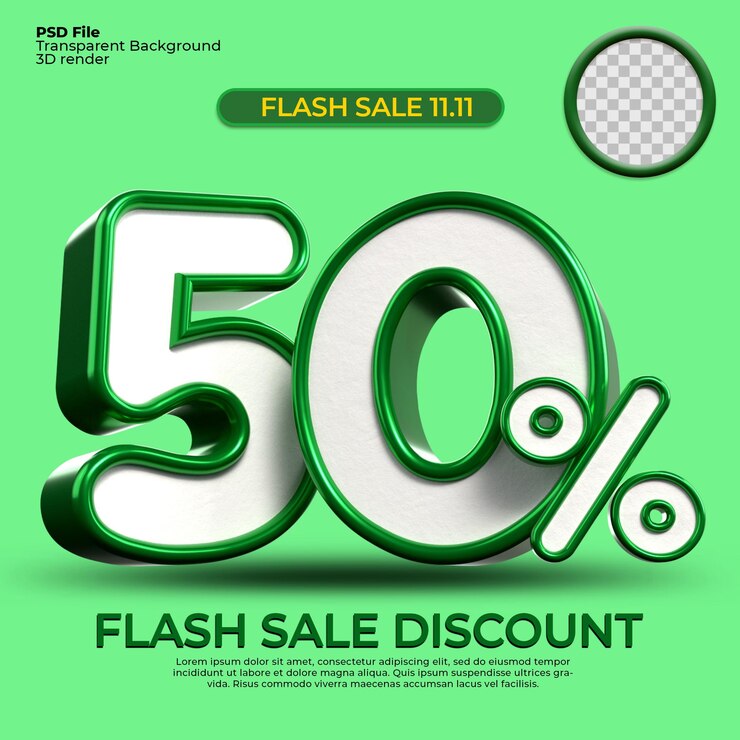 PSD 3d render percentage number 50 for discount process progress green and white colors