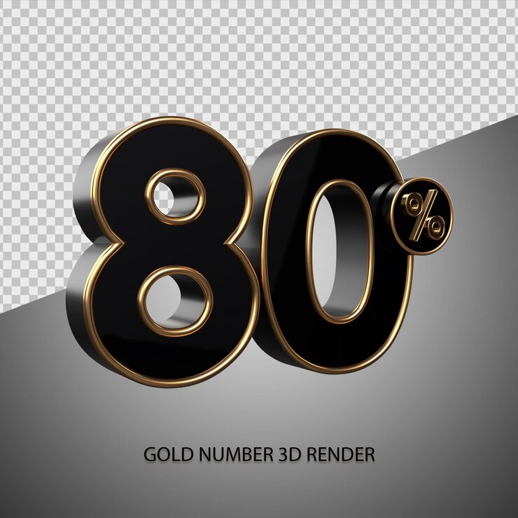 PSD 3d рендеринг в процентах номер 80 черный цвет и золотая фаска на продажу со скидкой, черная пятница, прогресс
