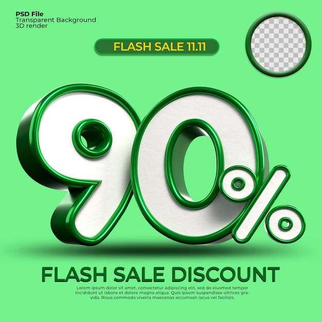 3D Render percentage number 90 for discount process progress Green and White colors