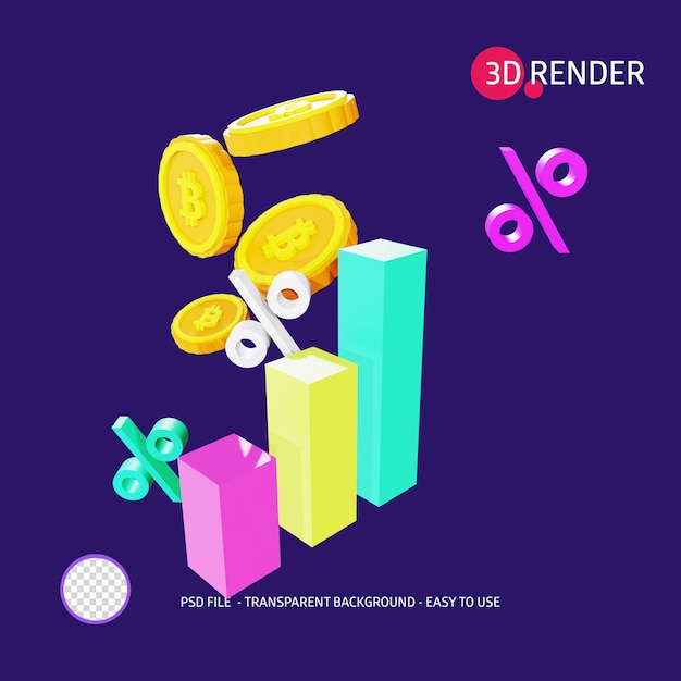 3d render-pictogram bitcoin-grafiekpercentage