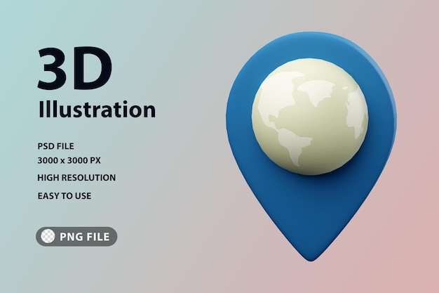 3D render pictogramlocatie met wereldkaart erin